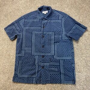 Wallace & Barnes Mens Blue Cotton Geometric Dot Patchwork‎ Camp Shirt Medium